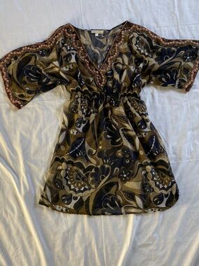 Floral Sheer Strapless Peplum Top in Olive and Black